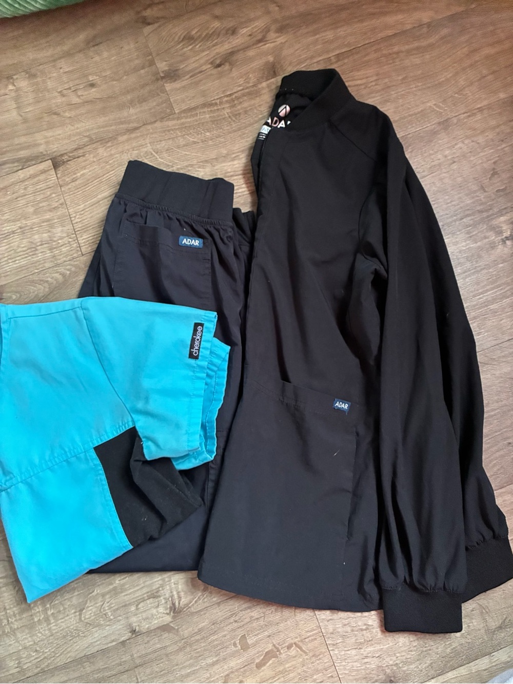 ADAR Black Scrub Jacket with Teal Pants Set